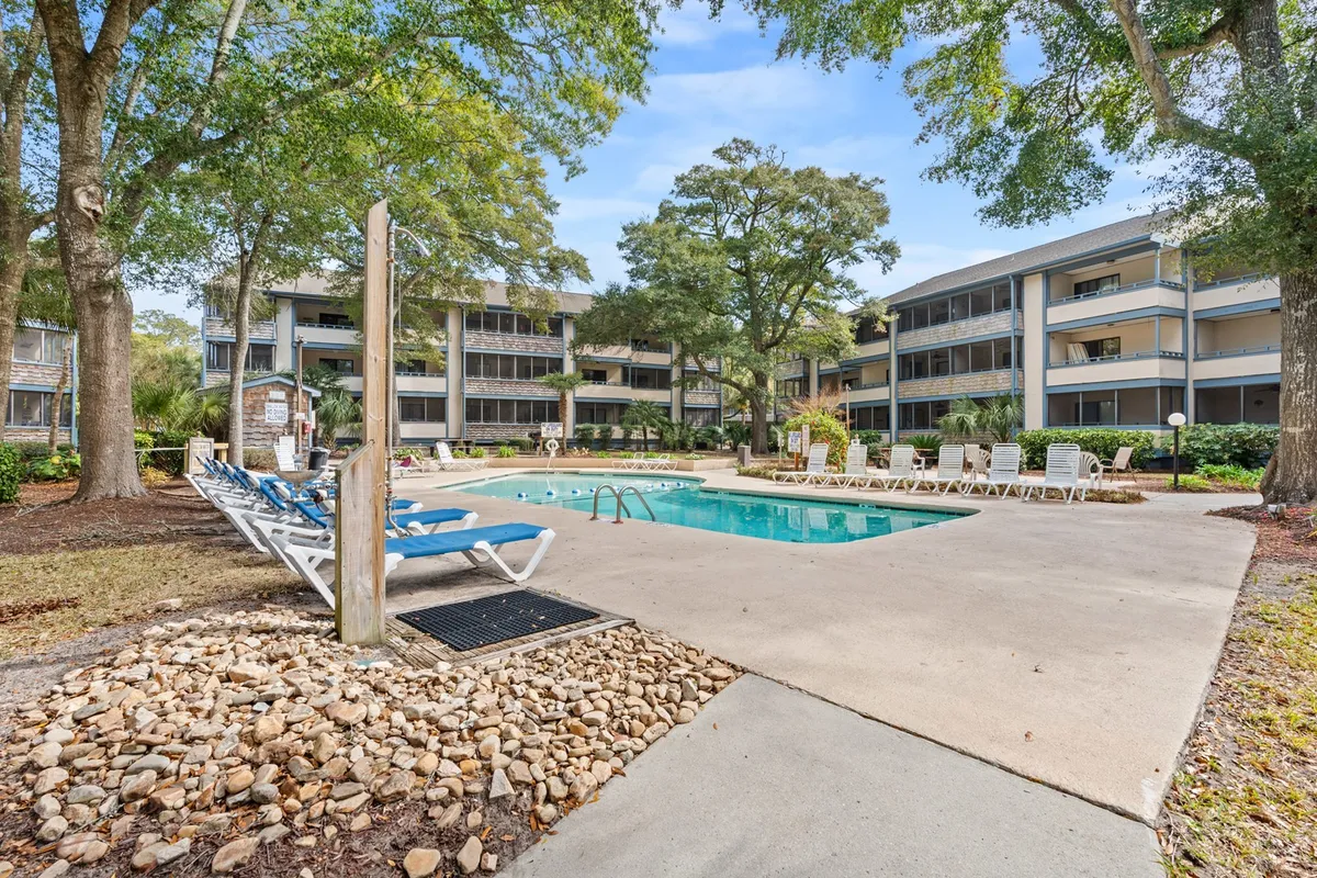 An outdoor swimming pool surrounded by lounge chairs and tall trees, with the building's facade visible in the background. The setting is vibrant and inviting, perfect for both social gatherings and quiet relaxation by the water.