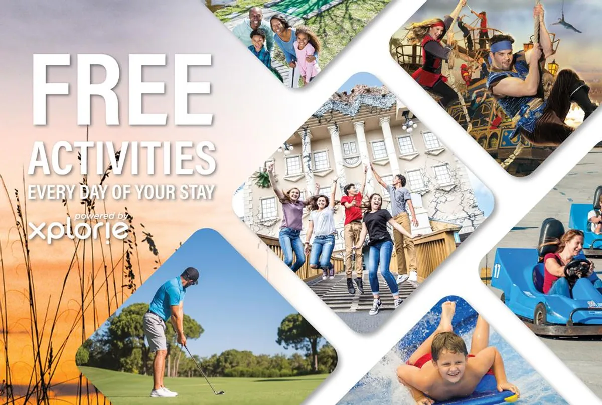 Families and children enjoying a lively day out, with activities like golfing, water sports, amusement rides, and themed entertainment visible. The atmosphere is vibrant, with groups sharing laughter and excitement, highlighting the range of attractions in the Myrtle Beach area.
